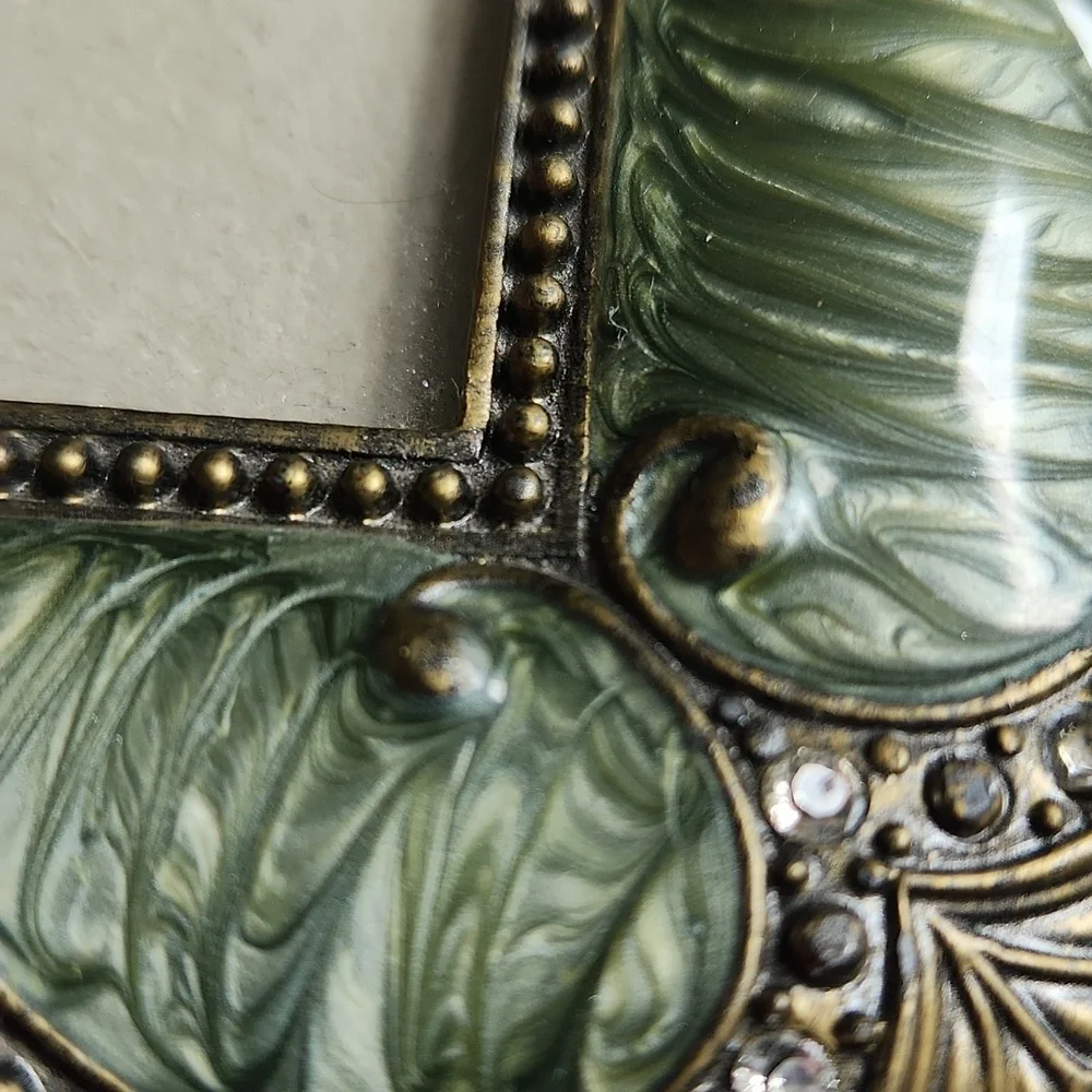 Vintage Green Enamel and Rhinestone Filigree Elegant  Ornate Photo Frame